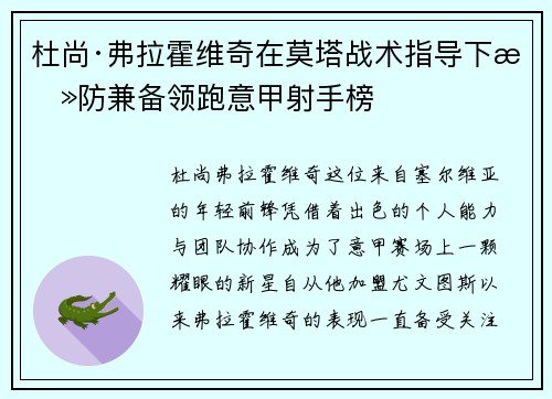 杜尚·弗拉霍维奇在莫塔战术指导下攻防兼备领跑意甲射手榜 杜尚·弗拉霍维奇在莫塔战术指导下攻防兼备领跑意甲射手榜